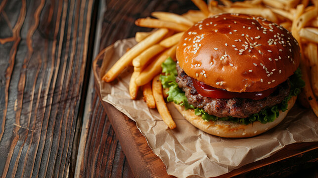 Delicious cooked burger with meat and a row of fries on a wooden board close-up