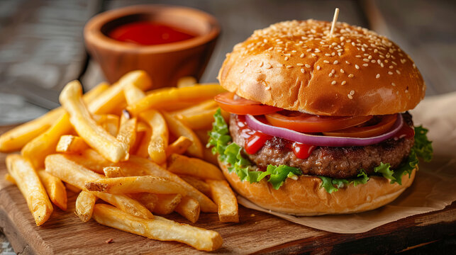 Delicious cooked burger with meat and a row of fries with sauce on a wooden board close-up
