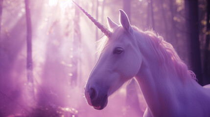 Mystical Unicorn in purple Enchanted Forest. Generative ai