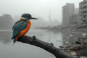 Kingfisher on Burnt Branch in Abandoned City - Urban Decay Photo. Generative Ai