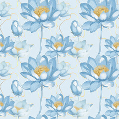 Watercolor seamless pattern with beautiful lotus flowers on pastel backgorund