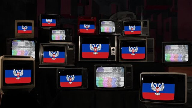 Flag of Donetsk Peoples Republic and Vintage Televisions. 4K Resolution.
