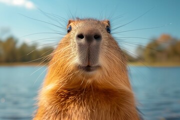 A stunning close-up image capturing the detailed features of a capybara against a serene lake and clear sky backdrop. Generative ai