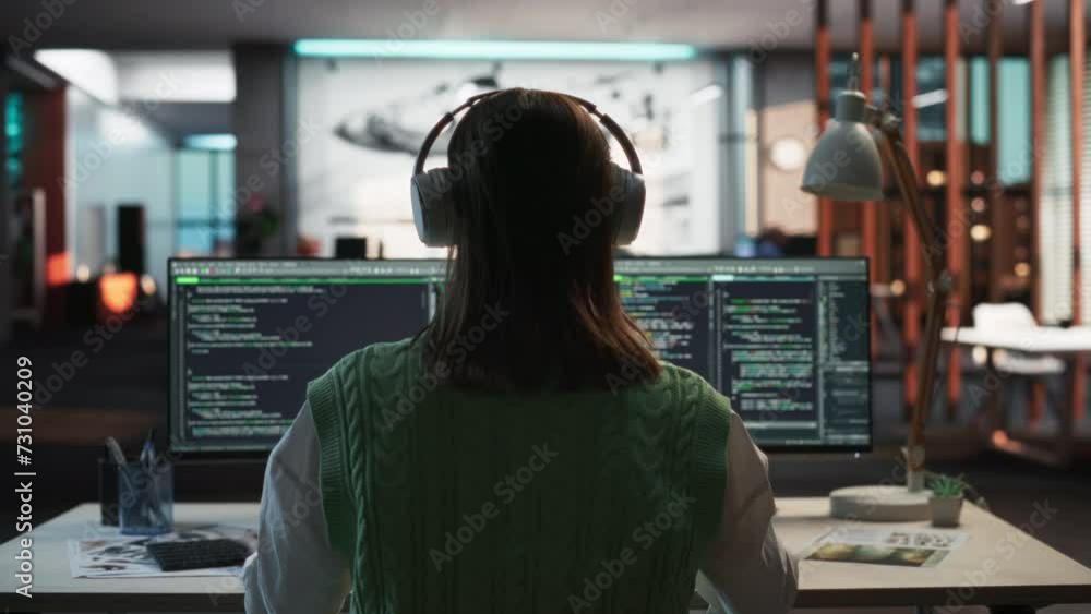Poster Creative Office: Professional Female Programmer Uses Headphones, Working on Desktop Computer. Focused Coder, Software Engineer Developing App, Video Game. Listening to Podcast or Music. Back View.