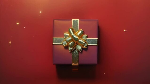 A red gift box with a gold bow and shiny gold sparks 