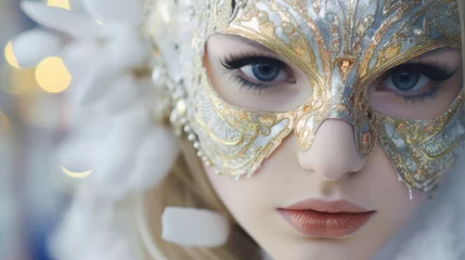 a mask on the face of a young woman in close-up in a carnival mask