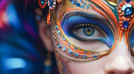 a mask on the face of a young woman in close-up in a carnival mask