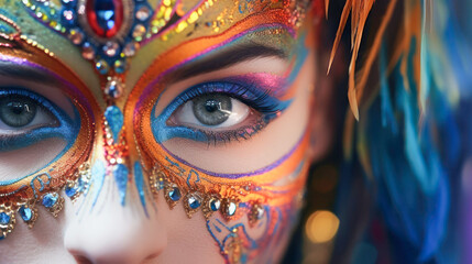 the face of a young woman in close-up in a carnival mask