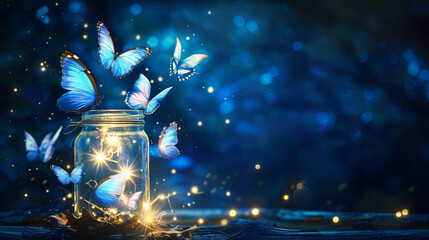 Dreams and desires in the form of butterflies fly out of the jug and shine on the blue night sky