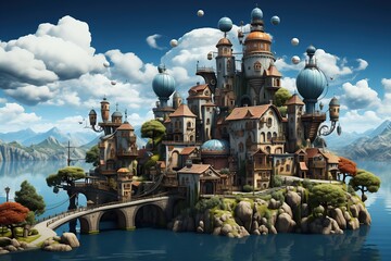 A tranquil fantasy island castle, floating amidst serene waters under a clear sky with lush surroundings