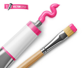 Vector realistic illustration of a pink paint tube and paintbrush on a white background.