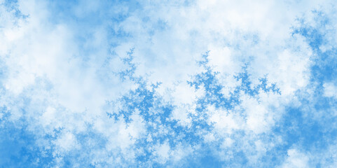 Abstract white bright beautiful winter seasonal puffy blue sky with clouds. Beautiful blue grunge watercolor aquarelle canvas for modern creative design. Shiny and fresh natural and cloudy morning sky