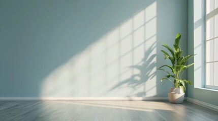 Minimalistic light pastel blue empty room with green potted plant near the sunlit window