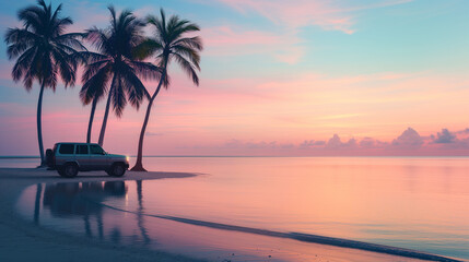 A serene twilight beach scene, a compact car stopped at a viewpoint overlooking the sea, pastel-colored sky reflecting on the water, silhouette of palm trees, Generative AI