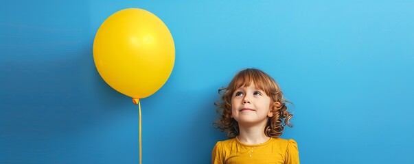 Fototapeta na wymiar A studio photograph featuring a 6-7-year-old child holding a bright yellow balloon against a blue wall backdrop. Ample copy space available for text placement.