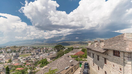 Panorama showing Gjirokastra city from the viewpoint with many typical historic houses of Gjirokaster timelapse.