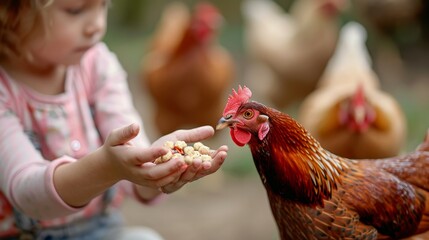 Photo of child's hand offering chicken feed, attracting tame chicken. Red hen in focus, others in background.