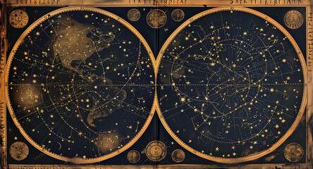 Ancient star map with an old representation of constellations and stars, adorned with golden symbols of medieval astrology, and phases of the moon and celestial bodies