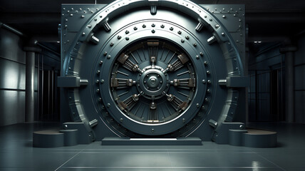 
A 3D-rendered photorealistic image showcases a large and heavy bank vault door, symbolizing security for money and valuables.