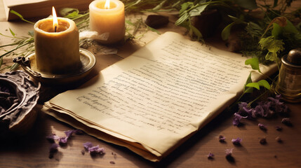 Candles, herbs and an old paper on a wooden table with a handwritten text: an intimate letter, diary or witchcraft manual with rituals and prayers. Background for the wallpaper of a blog or website.