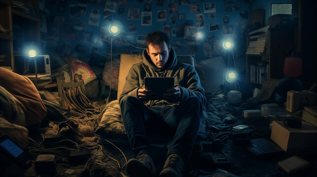 Person engrossed in tablet, surrounded by glowing tech devices and circuits solated in a dark and messy room. Mystery and innovation.