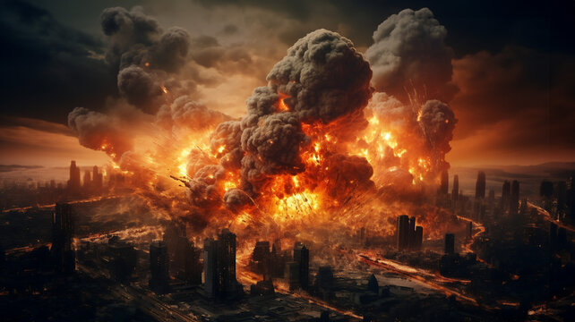 Aerial view of a modern city in ruins, with atomic bomb explosions and black smoke, depicting the Third World War in the West. Spectacular and apocalyptip landscape taken from a drone in the afternoon