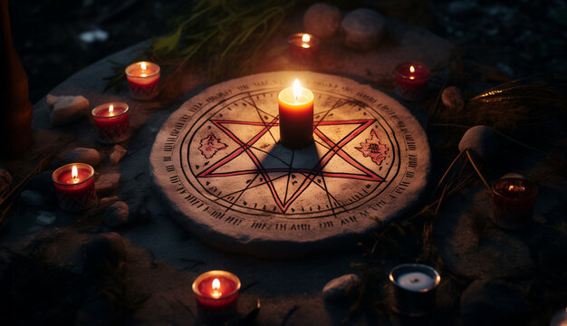 Ouija board with mystical occult symbols and a pentagram for a séance session with candles on a table in a dark room. Satanism and diabolical invocations