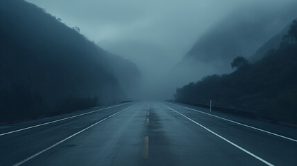 Straight, wide, and solitary road of old asphalt, crossing a dark forest, under a cloudy gray sky, and facing a horizon with dense fog. Symbol of freedom, challenge, and audacity. - obrazy, fototapety, plakaty