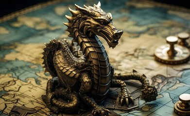 Figure of a Chinese dragon depicted as a horned serpent on a fantasy map for a role-playing game, surrounded by game tokens. Board of strategy, wit, and mastery