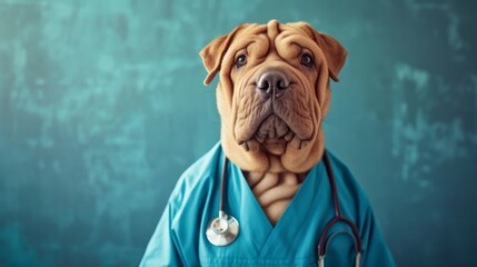 Portrait of a shar pei dog dressed in medical scrubs - obrazy, fototapety, plakaty
