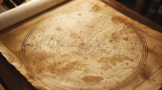 Vintage star map with constellations and zodiac signs, beautifully aged and detailed old scroll, displayed on a wooden surface