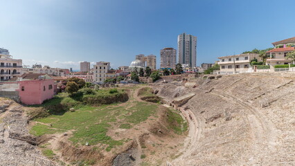 Panorama showing the Amphitheatre of Durres timelapse.