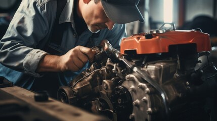 A mechanic replacing a faulty water pump in the engine - obrazy, fototapety, plakaty
