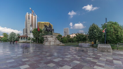 Panorama showing the Skanderbeg memorial and Ethem Bey mosque on the main square in Tirana...