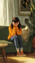 A digital illustration portrays a young woman sitting on the couch at home, her head cradled in her hands, suggesting health issues, headaches, or stress.
