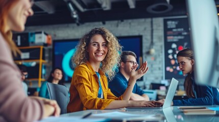 In modern office, woman concludes laptop presentation. Colleagues applaud her impressive delivery, acknowledging success.