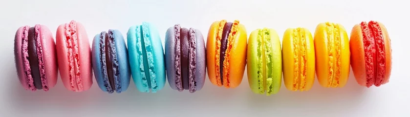 Foto op Canvas Assorted Macarons, arrangement of colorful macarons on a clean white background, background image, generative AI © Hifzhan Graphics