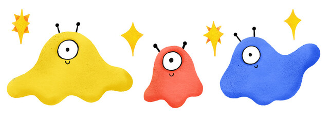 A set of hand-drawn slimes with eyes and horns. Scary illustration with cartoon cyclops. Funny character. Children's illustration isolated. Ideal for design and print
