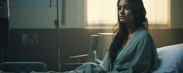 A young woman of Middle Eastern descent sits upright in her hospital bed following surgery. She wears a gown and is snugly tucked under a blanket, gazing down with a contemplative expression. - obrazy, fototapety, plakaty