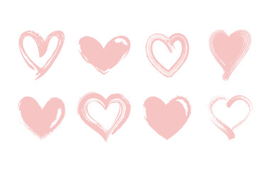 Heart shape illustrations made with brush stroke. Vector collection of hand drawn grunge Valentine hearts. Isolated on white background.