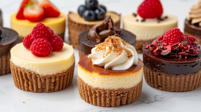 Mini Cheesecakes, assortment of mini cheesecakes with different flavors and toppings, background image, generative AI