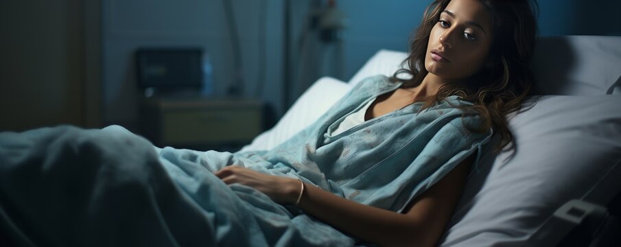 A young woman of Middle Eastern descent sits upright in her hospital bed following surgery. She wears a gown and is snugly tucked under a blanket, gazing down with a contemplative expression.