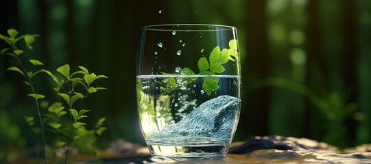 fresh clear mineral water in a glass with forest background 96