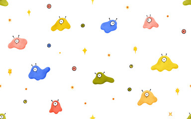 Seamless pattern with space aliens. Children's funny slimes and colored eyes. Cyclops and aliens in space. Bright background for children's room, clothes, invitations