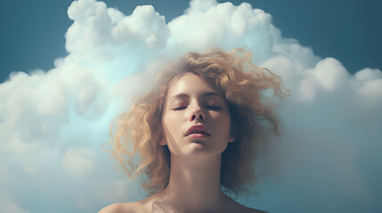 portrait of a young curly woman with closed eyes in the clouds - obrazy, fototapety, plakaty