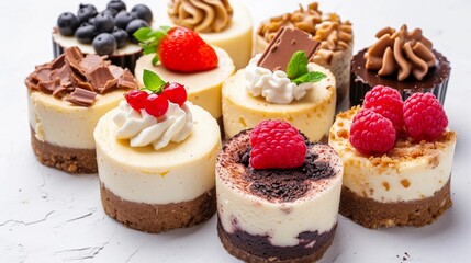 Mini Cheesecakes, assortment of mini cheesecakes with different flavors and toppings, background image, generative AI