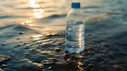 Bottle of water on the beach at sunset. Water pollution concept