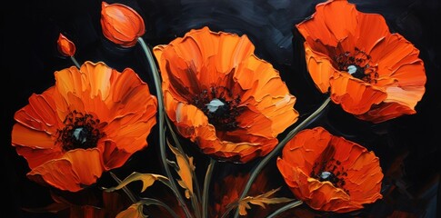 An image depicting a painting of vibrant orange flowers against a contrasting black background.
