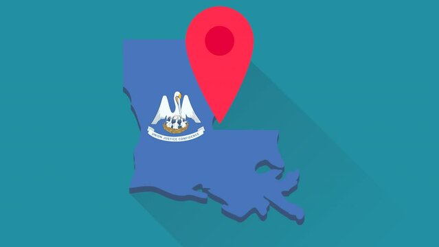 Looped animation of a red location marker bouncing on the 3D map of Louisiana in the colors of the Louisiana state flag on blue background, green background, transparent, alpha channel (flat design)	
