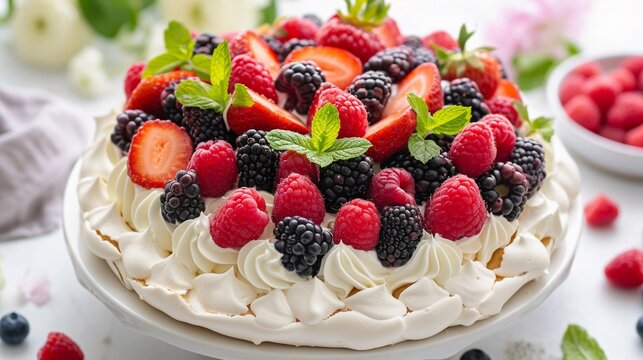 Pavlova, beautifully decorated pavlova topped with fresh berries and whipped cream, background image, generative AI